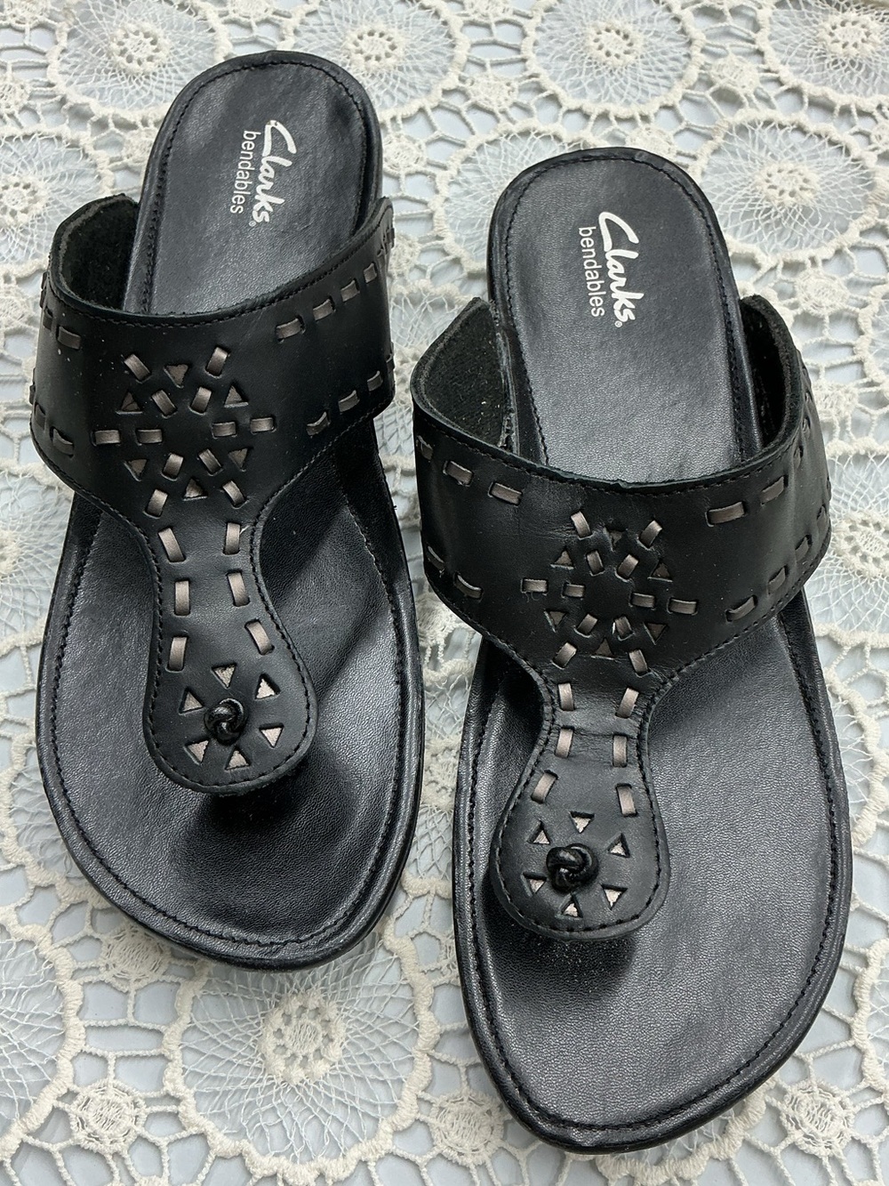 Clarks Black Laser-Cut Leather Toe-Post Sandals
